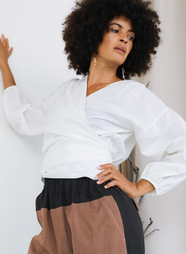 Paige Wrap Top, white poplin