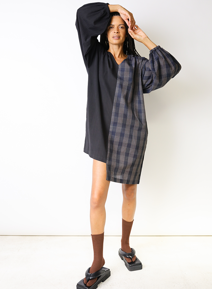 Katie Tunic, sapphire plaid + black
