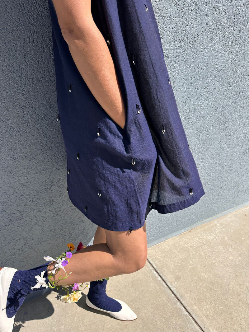 Marion Dress, night lights embroidery